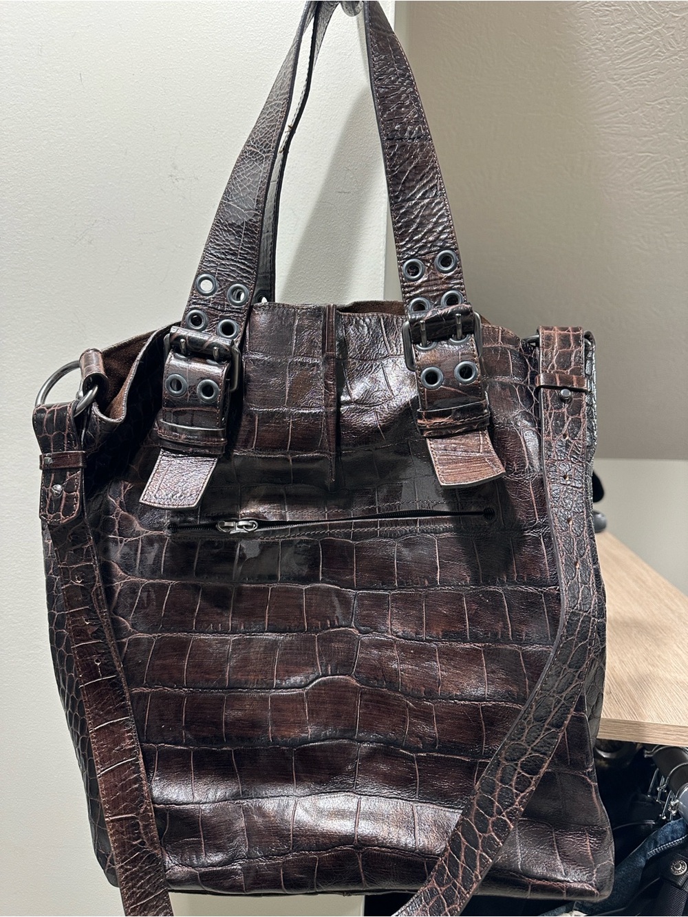Francesco Biasia Dark Brown Croc-Embossed Leather Satchel